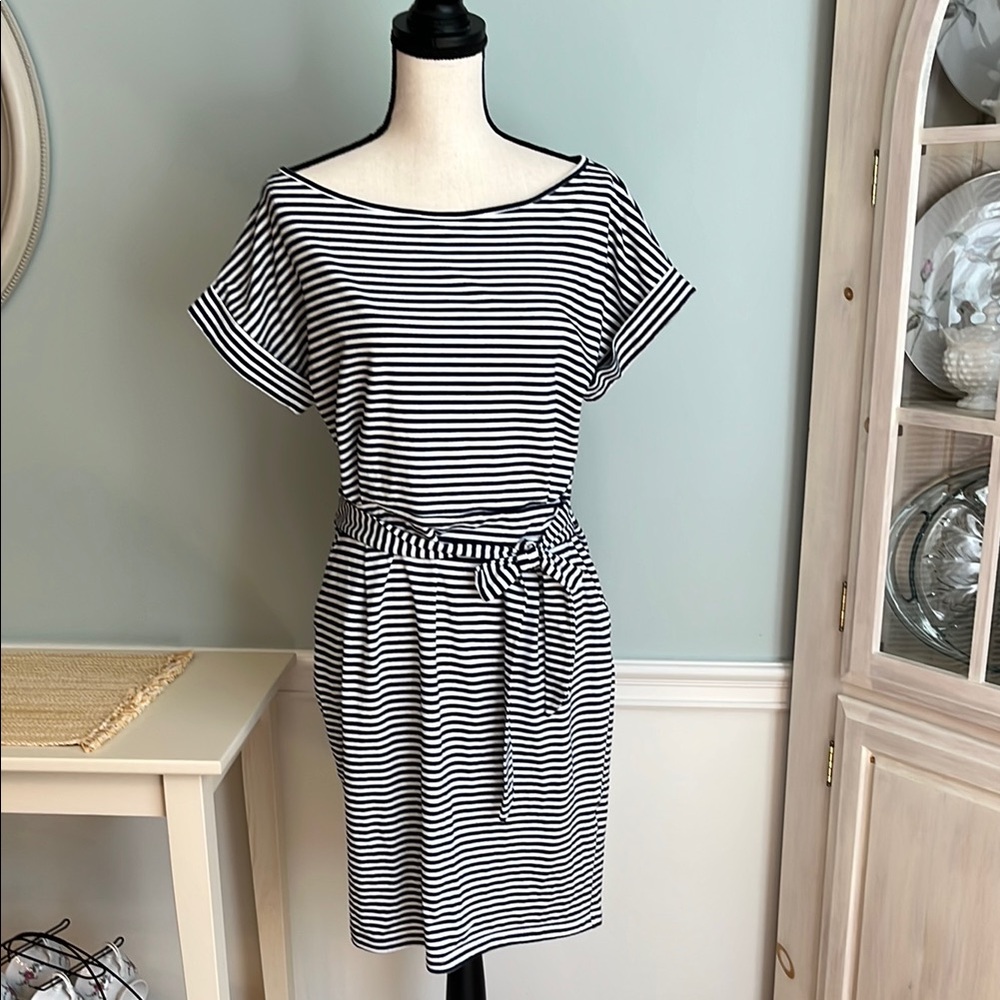 Striped Navy Blue and White Belted Dress size L